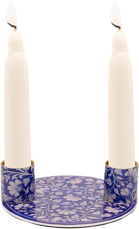 Yair Emanuel Flat Plate Candle Holders for Shabbat 4 Inch Vibrant Pattern Design Modern Judaica Gift (CSE-6 Blue Pottery)