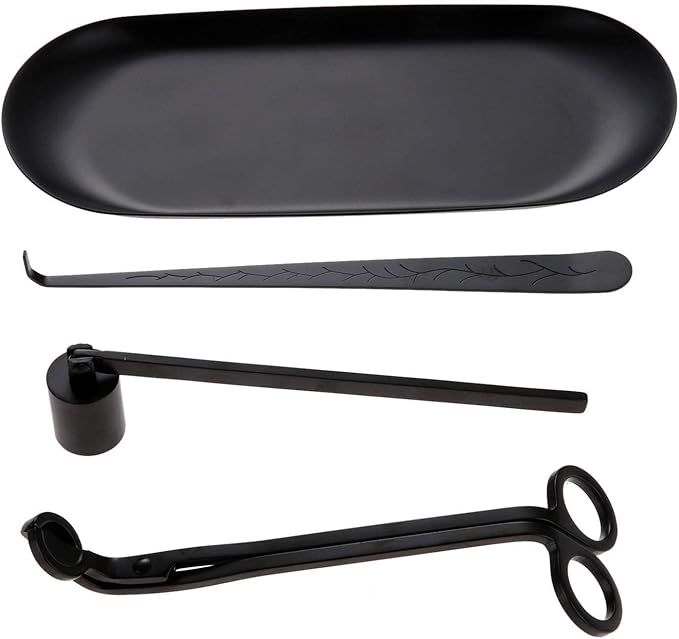 MUXSAM 4 in 1 Candle Accessory Set - Candle Wick Trimmer, Candle Wick Dipper, Candle Wick Snuffer, Storage Tray Plate, Candle Care Tools Gift for Candle Lovers Home Decoration (Black)