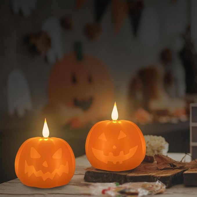 Rechargeable Flameless Candle, Flameless Pumpkin Candle with Timer & Remote,LED Real Wax Pumpkin LED Candles,Halloween Decorations, 1 Set of 2