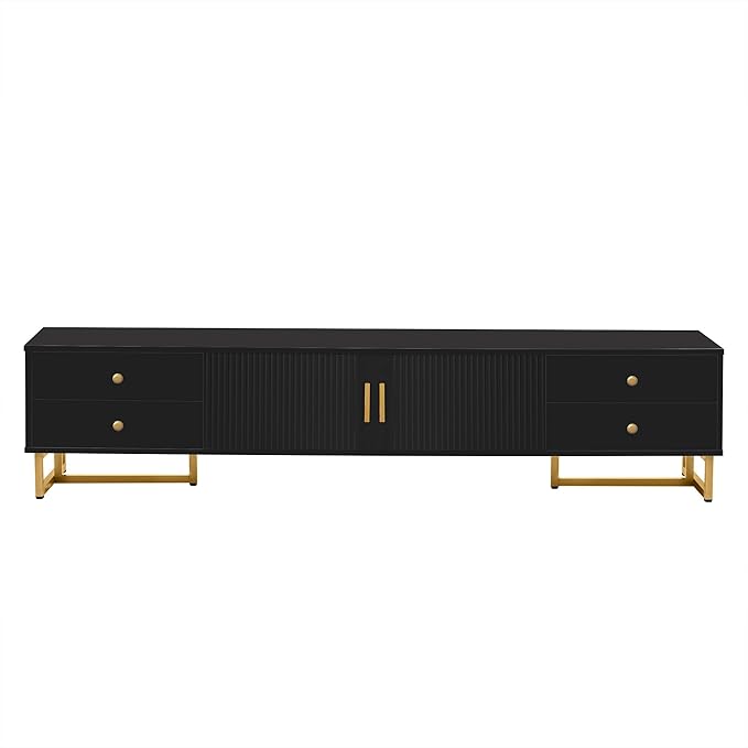 Amposei Modern TV Stand with Drawers for TVs up to 75'', Media Console Storage Cabinet Entertainment Center Furniture for Living Room Bedroom, Gold Metal Legs, 70.9-Inch, Black