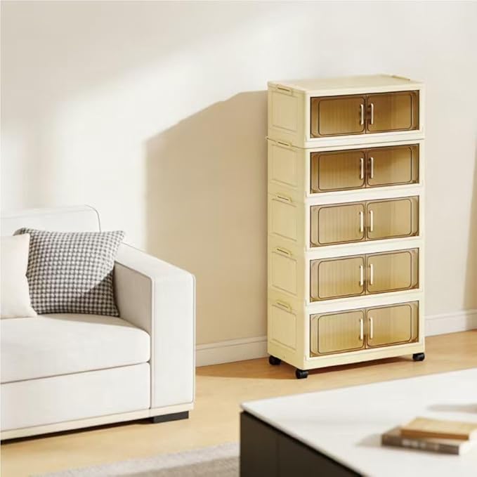 5 Tier Stackable Plastic Storage Bins with Lids Stackable Containers with Wheels and Magnetic Doors Wheels StackableStorage Bins for Living Room,Office,Dorm
