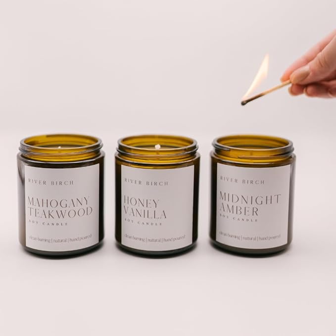River Birch Candles Oakmoss + Amber Scented Candle | Premium, All-Natural, Non-Toxic, Soy Wax, Amber Jar | 8.5oz 40 Hr Burn Time | Cozy Relaxing Gifts for Home