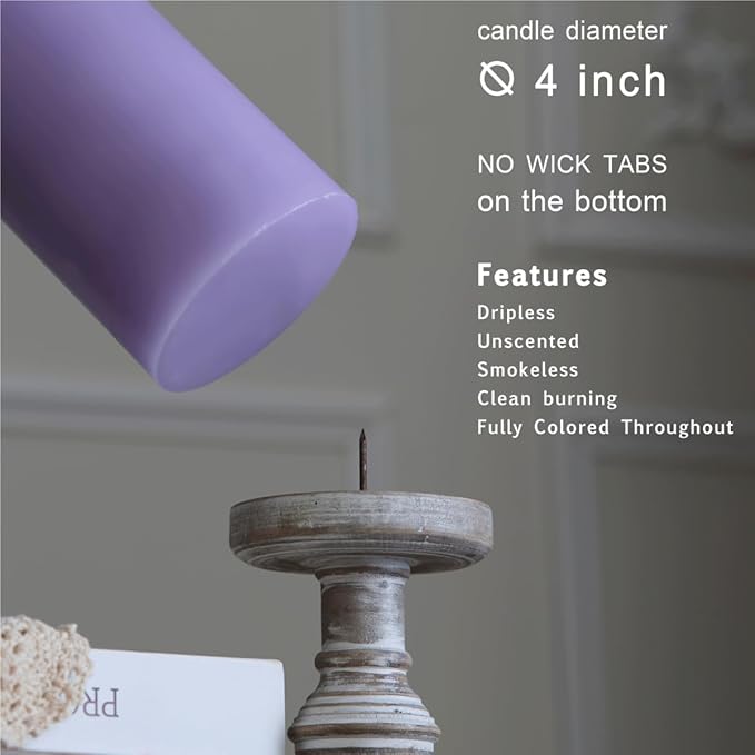 MOZEAL 4" x 10" Extra-Large Lavender Pillar Candles (Set of 2), Unscented, Dripless, Smokeless, Long Clean-Burning,Tall 10 inch Large Lavender Pillar Candles for Relaxing Evenings and Aromatic Decor