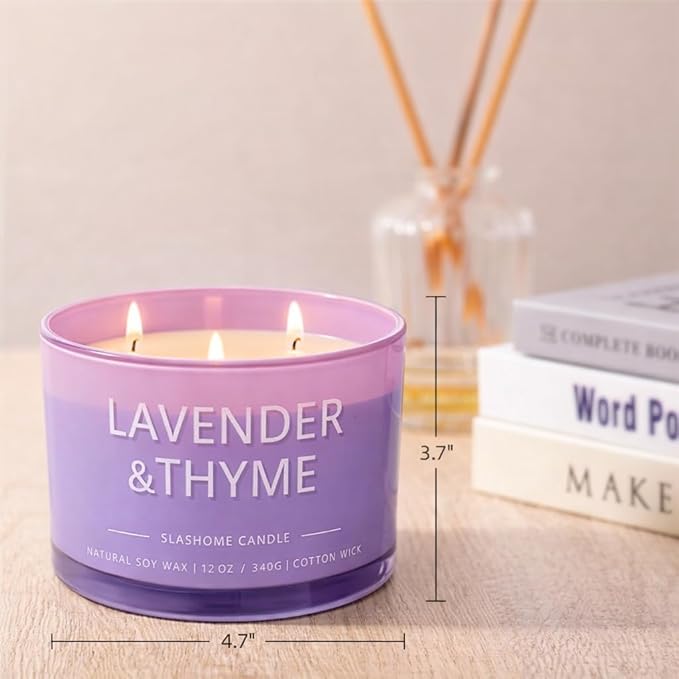 Lavender Thyme Scented Candle, Luxury Large 3 Wick Soy Candle 12 Oz, 60+ Hour Long Lasting Clean Burn, Elegant Aromatherapy Home Decor, Housewarming & Birthday Gift for Men & Women