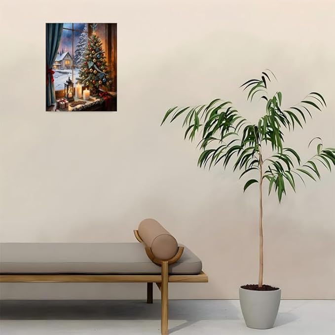 Christmas Paint By Numbers Kit For Adults - Diy Decorated Tree With Candles By Winter Window Painting On Canvas 16X20 Inches, Acrylic Paint Set, Suitable For Beginners, Festive Wall Decor, Unframed