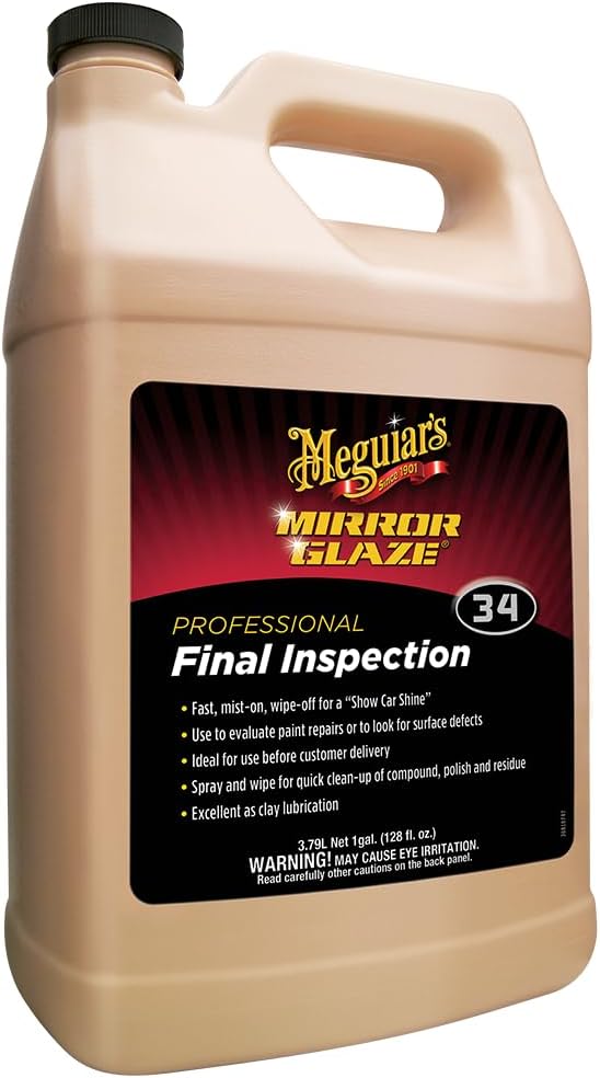 Meguiar's M34 Mirror Glaze Final Inspection, Mirror Glaze for Cars Quickly and Gently Removes Prints, Dust, and Smudges Leaving a Showroom Quality Shine, Safe as a Clay Bar Lubricant, 1 Gal
