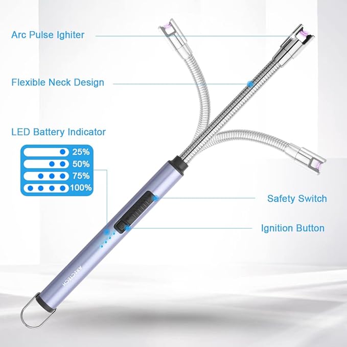 ARECTECH Electric Arc Candle Lighter Flameless Rechargeable USB Long Lighters for Candle Cooking BBQs Fireworks Blue