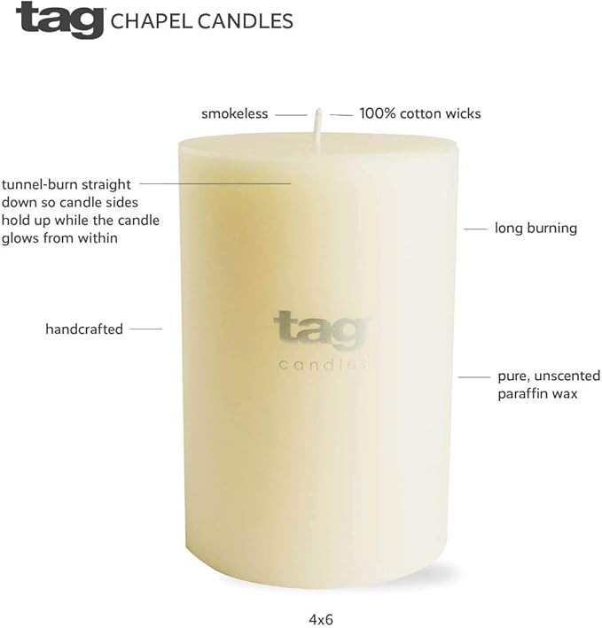 tag Chapel 4X4 Ivory Pillar Paraffin Wax Candle Unscented Drip-Free Long Burning 75 Hours for Home Decor Wedding Parties 4x4 Ivory