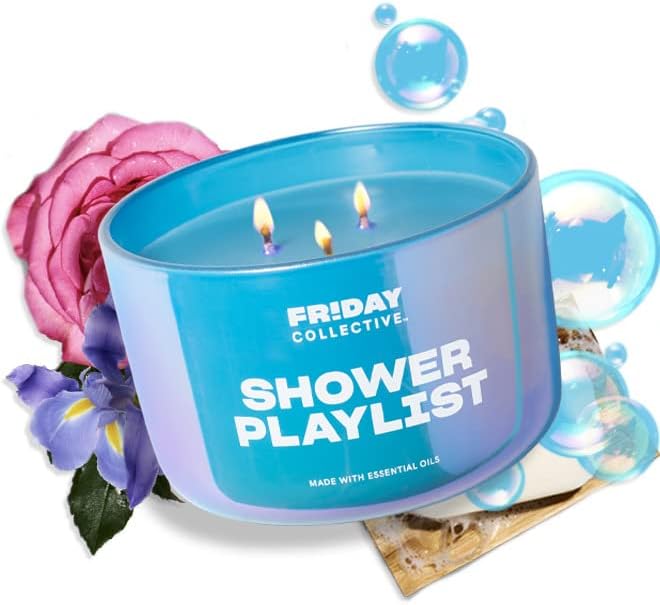 Friday Collective Shower Playlist Candle Fresh & Clean Scented Made with Essential Oils 3 Wicks 13.5 oz