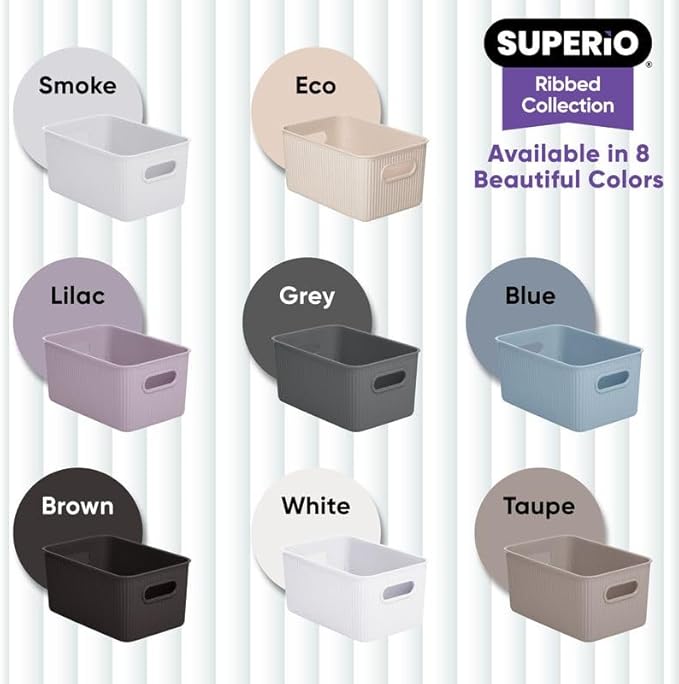 Superio Ribbed Collection - Decorative Plastic Basket Open Home Storage Bins Organizer, Medium Brown (4 Pack) Container Boxes for Organizing Closet Storage Bins for Shelves Drawer Shelf 5 Liter