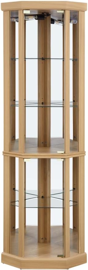 Corner Lighted Glass Curio Cabinet for Living Room Space Saving Vertical Tall Display Case with Light for Antique Wine Bar Glass Storage (Light Oak)