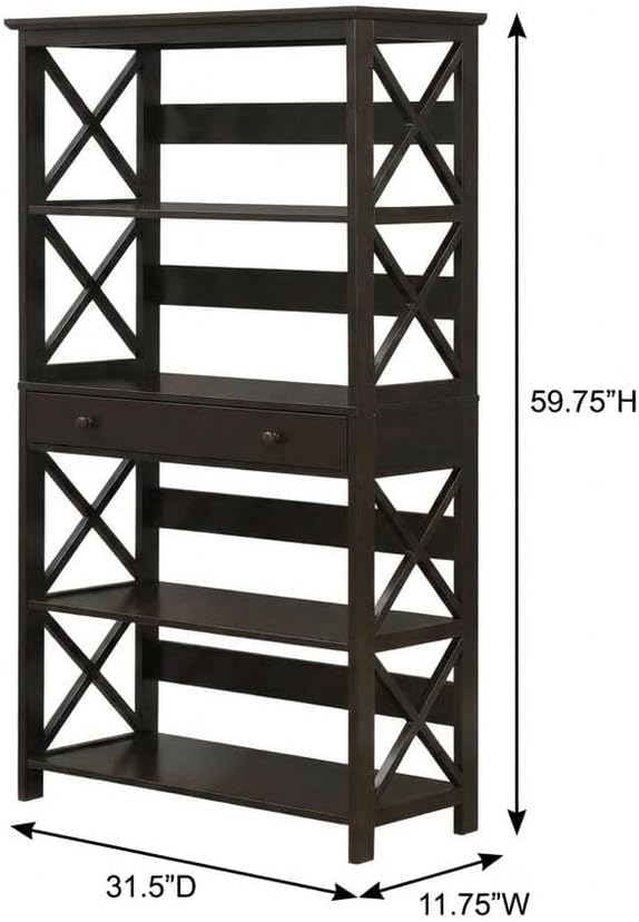 Furnifact Black 5 Tier Bookcase with Drawer, Modern Storage, Durable Particle Board, Non Lead Paint Finish, Home Office or Living Room Organizer
