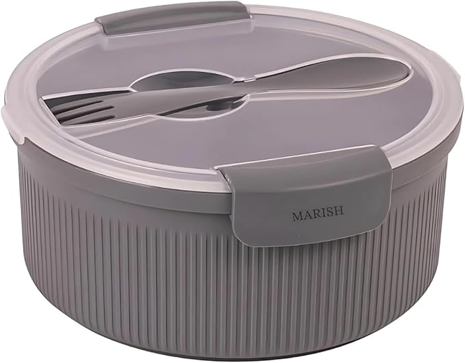 MARISH 47oz Round Food Storage Container with Utensil – Airtight, BPA-Free, Microwave & Freezer Safe, Grey (1)