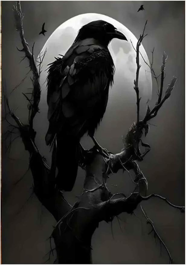 Gothic Raven on Bare Tree Under Full Moon Paint by Numbers for Adults, Dark Fantasy DIY Painting Kit, Moody Wall Decor 24 Colors 16x20 inch Framed