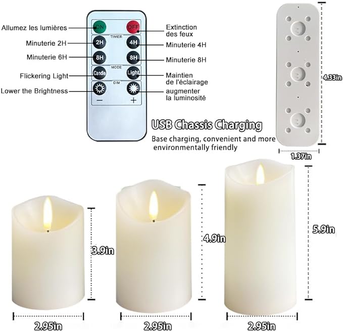 Rechargeable Flameless Candle, Flashing LED Pillar Real Wax Candle with Remote Control and Timer,Decorative Electronic Candles, 1 Set of 3