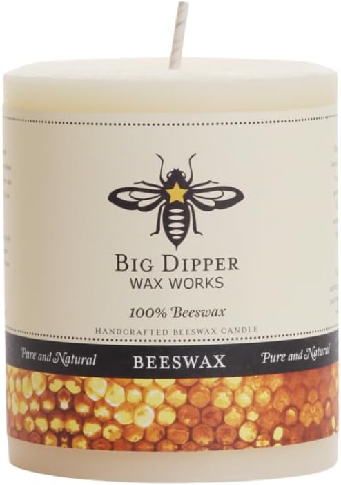 Big Dipper Wax Works Ivory Beeswax Pillar Candle 3" x 3.5" – 60-Hour Burn, Non-Toxic & Clean Burning, Pure Beeswax, Handmade in USA