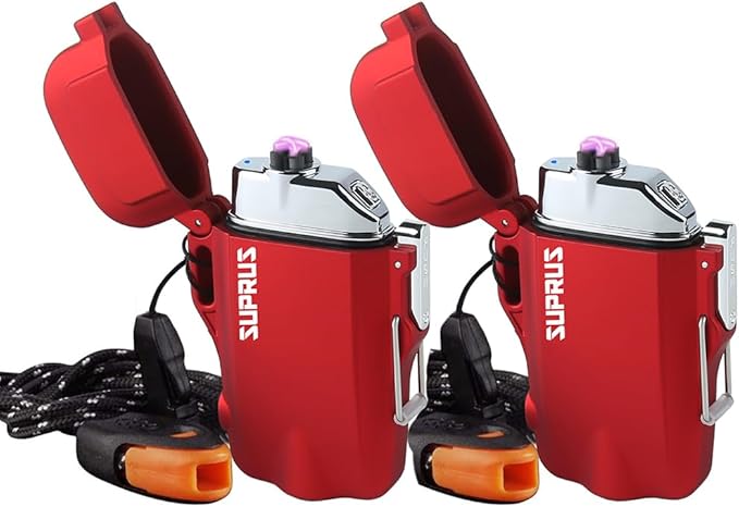 SUPRUS Waterproof 3 Modes of Flashlight Windproof Lighter Dual Arc Electric Rechargeable Dual Arc Plasma Lighters with Survival Emergency Whistle and Lanyard (Red, 2 Packs)