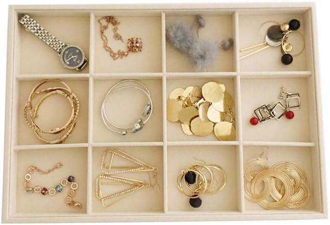 Large Stackable Jewelry Display Tray Case Organizer Premium Velvet Soft Light Beige Home Store Sales Shows (12 Grid)