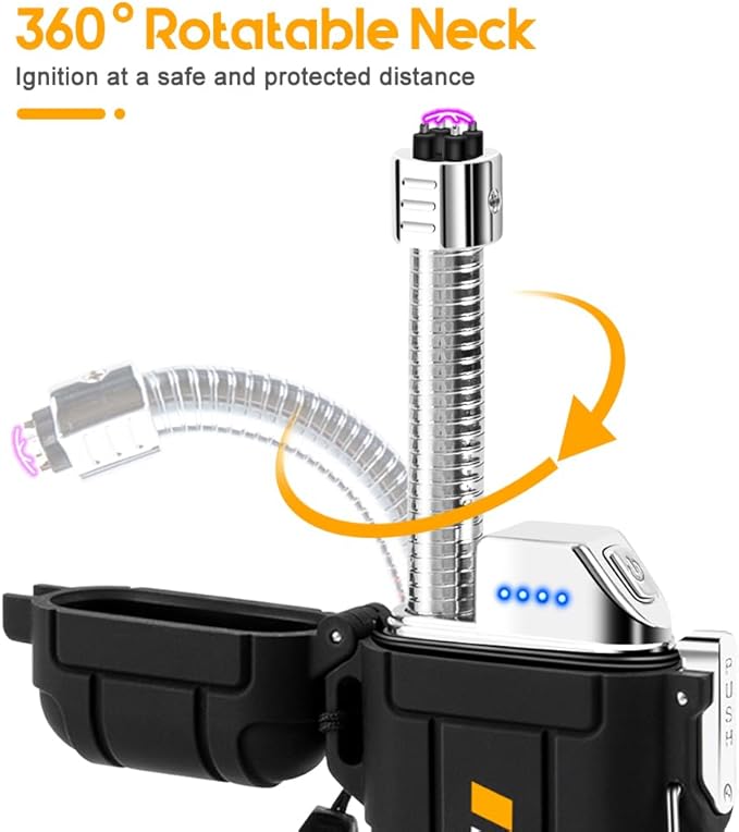 LcFun Electric Dual Arc Lighter USB Rechargeable, Windproof Plasma Lighters with LED Battery Indicator, Waterproof Flashlight Lighter with Whistle Lanyard for Camping, Survival Gear