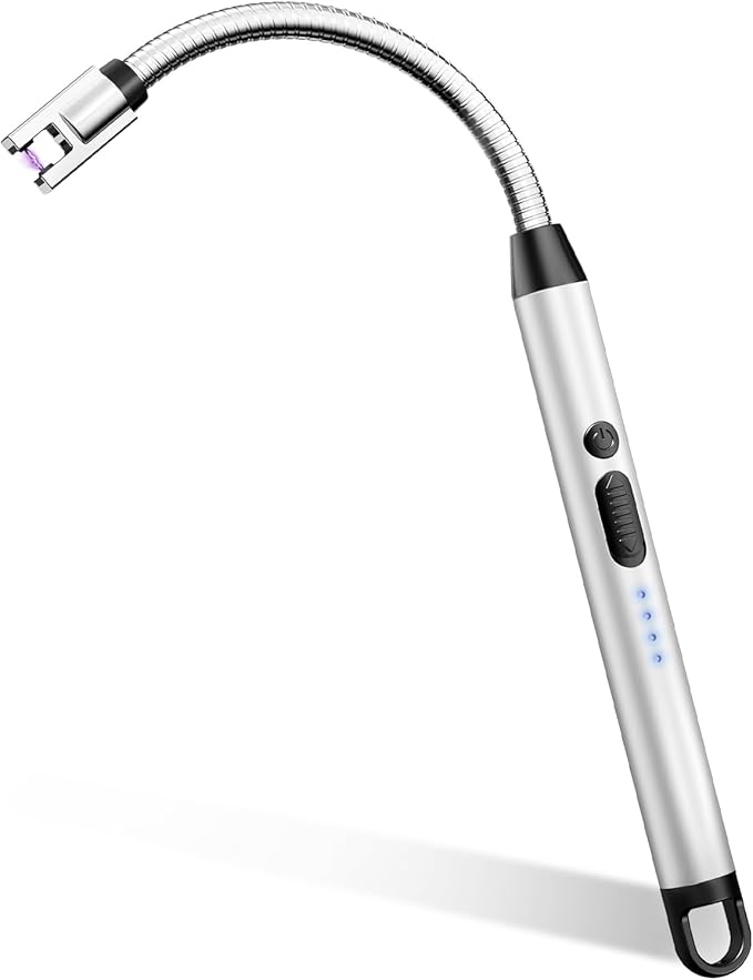 Electric Candle Lighter, Safty Lock, USB Type-C Port, Rechargeable Lighter, Windproof Flameless, Led Display, for Home Kitchen (Silver)