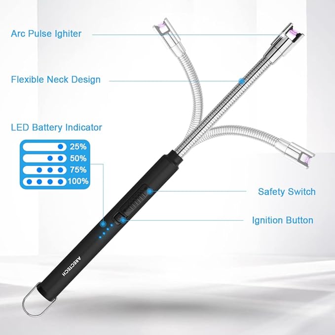 ARECTECH Electric Arc Candle Lighter Flameless Rechargeable USB Long Lighters for Candle Cooking BBQs Fireworks Black