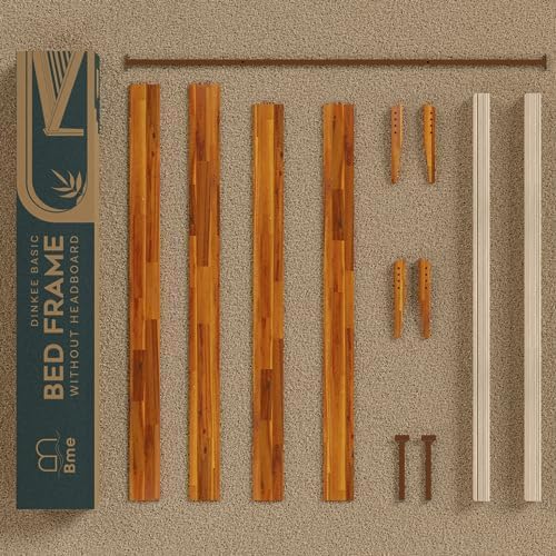Bme Dinkee Wooden Queen Bed Frame, 15 Inch Height, Elegant Minimalist Modern Design with Japanese Joinery, Durable Wood Slats for Reliable Support, No Box Spring Required, Caramel