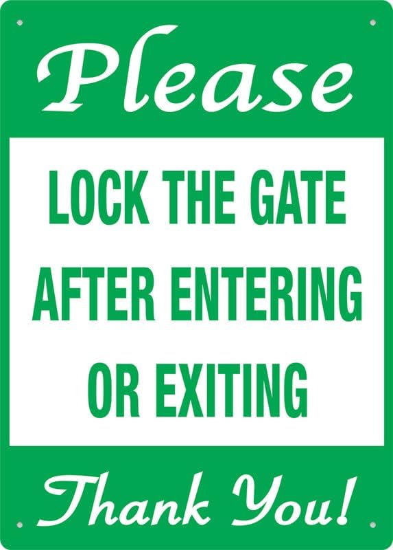 Please Lock The Gate After Entering Or Exiting Sign 12 X 8 Inch Metal Sign, Rustproof Aluminum, Multicolor