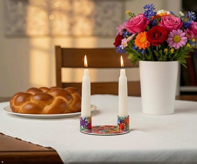 Yair Emanuel Flat Plate Candle Holders for Shabbat 4 Inch Vibrant Pattern Design Modern Judaica Gift (CSE-2 Flowers)