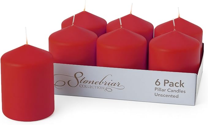 Stonebriar Unscented Pillar Candles – 35 Hour Burn Time, Long-Lasting Wax Candles for Weddings, Holidays, Home Décor & Special Events, Pack of 6, Red, 3" x 4"
