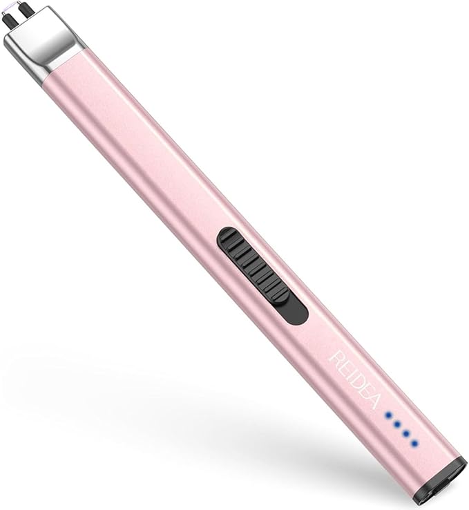 REIDEA Electric Lighter R1 Flat Candle Lighter, Windproof Flameless USB Rechargeable Arc with Safe Button and Power Indicator for Candle, BBQ and Fireworks, Rose Gold
