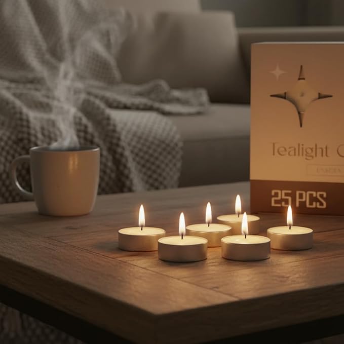 Leor & Lair Tea Lights Candles for Power Outage Emergency – 25 Pack – 4 Hour Long Burn Tealight Candle – Paraffin Palm Wax Blend – Tea Candles for Home, Spa, Dinner Table
