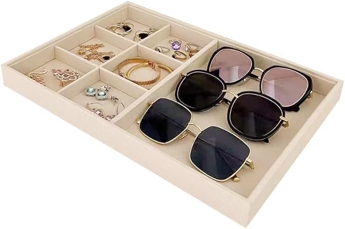 Large Light Beige Premium Quality Velvet Jewelry Display Box Tray Stackable Practical Trade Show Home Store Drawer Divder Closet Organization