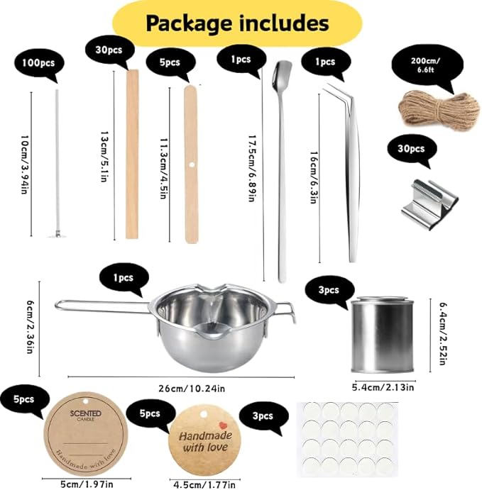 185 Pieces of Candle-Making Tools: 100 Cotton Wicks and 30 Wooden Wicks, 1 Wax Melting Pot, 3 Candle Cups,with Complete Tool Set，for Soy Beeswax DIY Candles