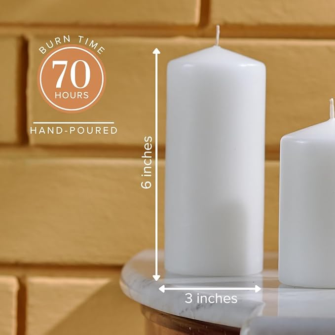 Simply Soson 3x6 inch White Pillar Candles - Set of 6 Emergency Tall Candles, Unscented, Cone Tip