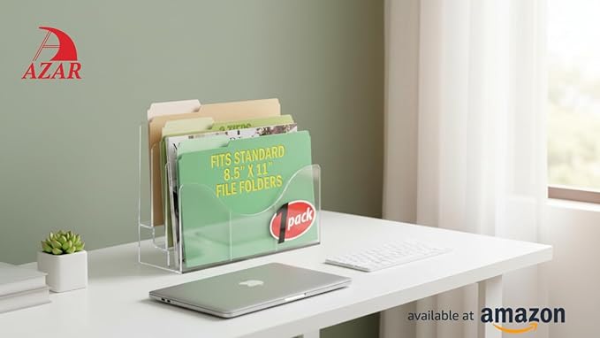Azar Displays 250099 Three Tier File and Brochure Desktop Wall Organizer Holder with Dividers Brochure Display Stand Acrylic Holder, Fits 8.5" x 11" Files, Clear, 1 Pack