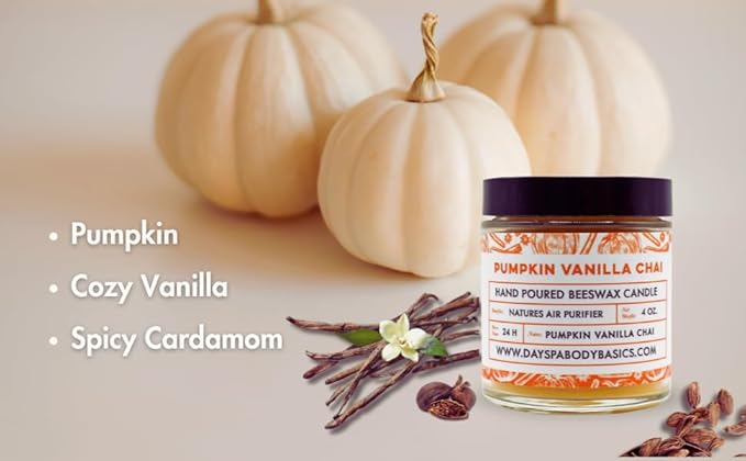 Pumpkin Vanilla Chai Hand-Poured Beeswax Candle - All-Natural, Cotton Braided Wick, Chemical Free, Smokeless, Cleans Air, Non-Toxic, Non-Polluting, Non-Allergenic, Made in USA