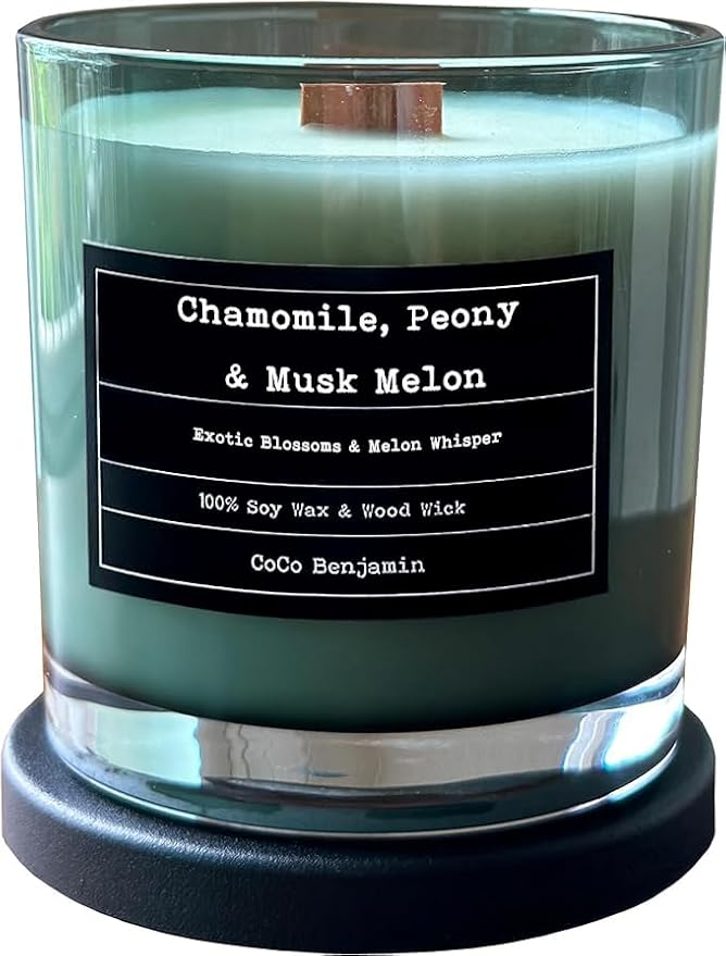100% Soy, Highly Scented, Hand Poured Soy Candle (Chamomile, Peony & Musk Melon (Wooden Wick))