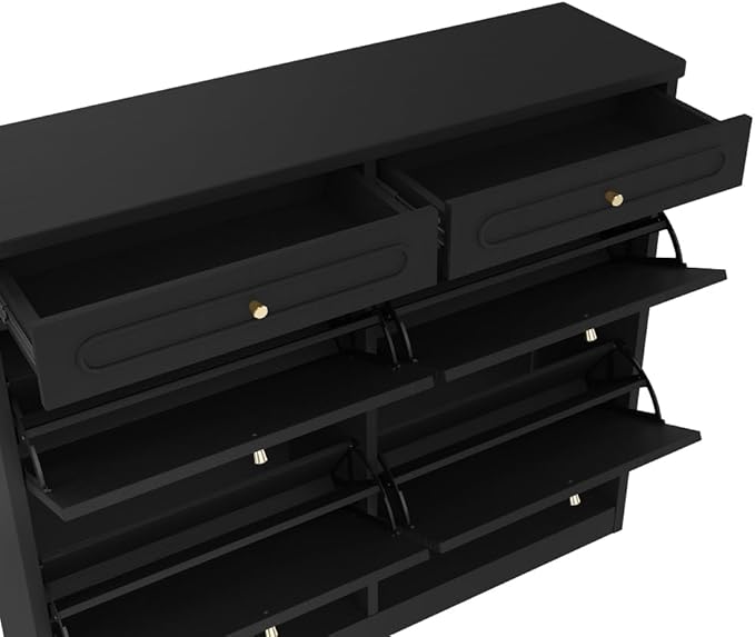 Wooden Shoe Cabinet with 4 Flip Drawers 2 Storage Drawers Farmhouse Style Shoe Organizer for Classified Storage Black (Black)