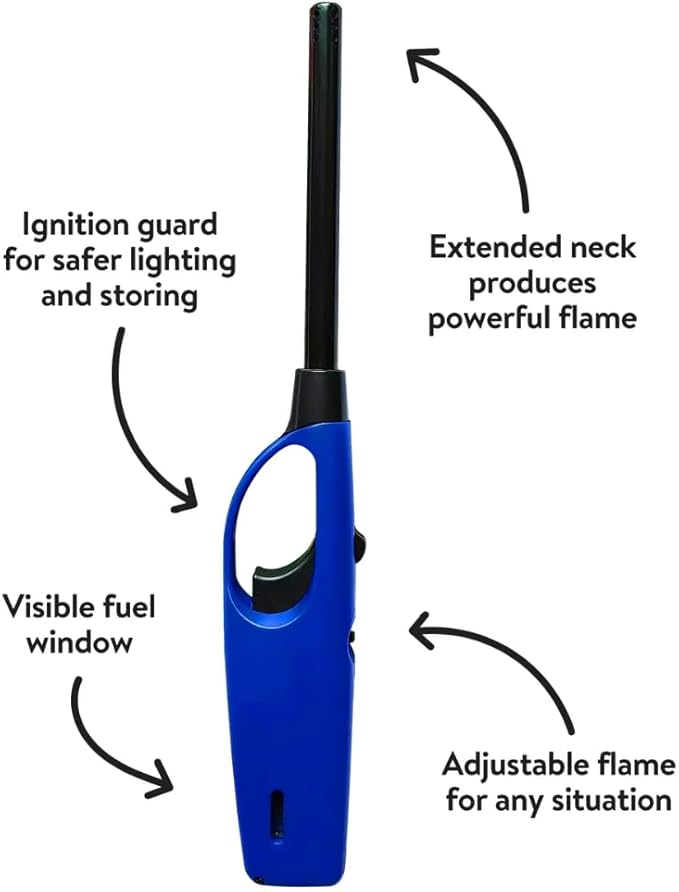 Multipurpose Refillable BBQ Lighter for Grilling, Camping, Fireplace, Candles, Kitchen Use, Long Reach Safety Flame Control, Blue, 1 Unit
