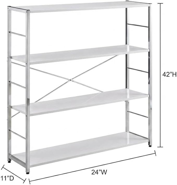 Furnifact White and Chrome Finish Bookshelf with Sturdy Design, Modern Style, Durable Construction, Ideal for Home and Office Storage