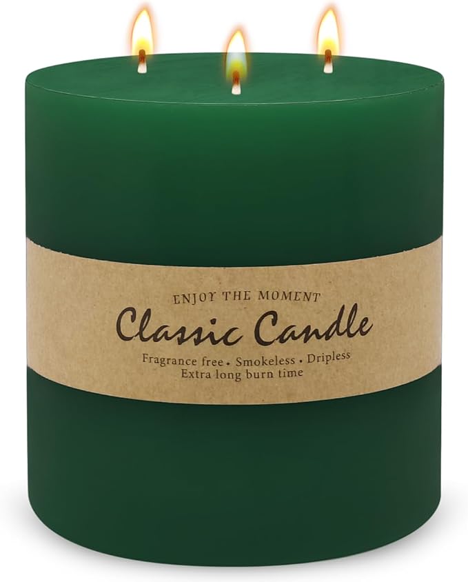 Large 3-Wick Green Pillar Candle - 6x6 Inch Dripless & Smokeless Unscented Fat Candle, 120 Hour Long Burning Hand-Poured Thick Candle with Cotton Wicks