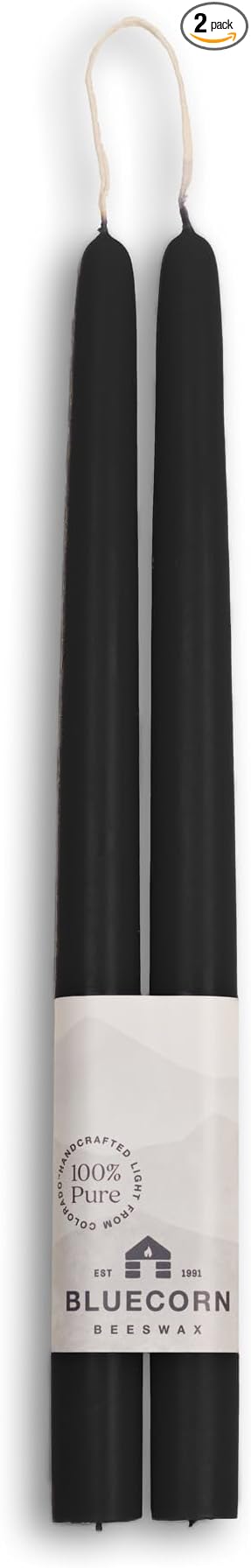 Bluecorn Beeswax Taper Candles, 100% Pure Natural Bees Wax, Pair of 12 Inch Black Tapered Candlesticks, Clean Burning & Dripless, Fragrance Free, Long Lasting, Home Decor, American Made, 1 Count
