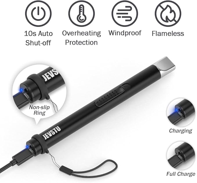 Candle Lighter, Electric USB Rechargeable, Arc Plasma Electronic Windproof Flameless Long Lighter with Safety Switch Hook for Kitchen, Silver and Black