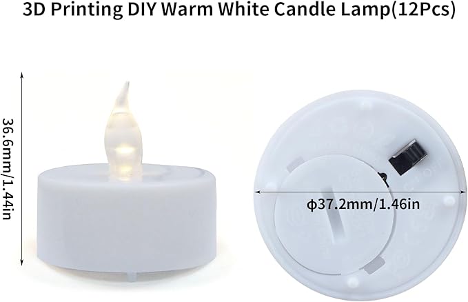 3D Printer Accessories 3V Craetive Warm White LED Candle-Light Kit: Compatible with DIY Custom Tea Light Holders Candestick Lamps Printed Model Pack of 12, D37.2xH36.6mm