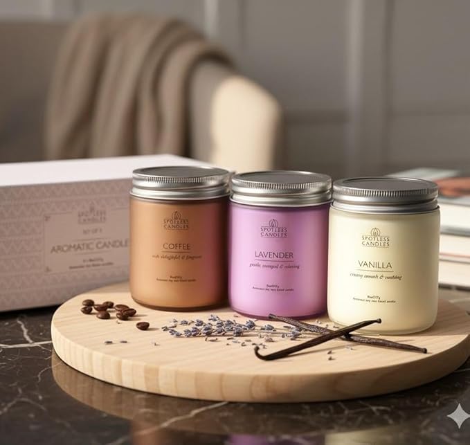 Aromatic Candles Three Pack - 3 x 8 oz Cotton Wick Candles Coloured Fosted Jars - Vanilla, Lavender and Coffee, Classic Candle Set for Men and Women by Spotless Leopard