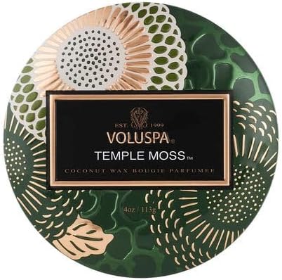 Voluspa Temple Moss, Mini Tin Candle, 4 oz, 25 Hour Burn Time, Coconut Wax Candle for The Home, Handcrafted in The USA