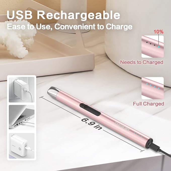 Candle Lighter Electric Updated with LED Battery Display Safety Switch, USB Rechargeable Lighter Flameless Windproof Arc Long Lighters for Candle Grill Fireworks Pink