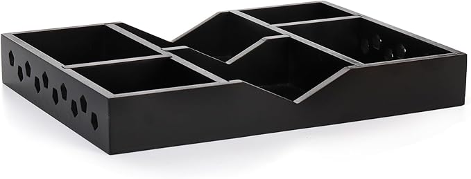 TOPZEA Wood Desk Drawer Organizer Tray, 6 Slot Junk Drawer Organizer with 2 Adjustable Divider Office Supplies Storage Organization for Desktop, Bathroom, Kitchen, Makeup, Vanity, Black