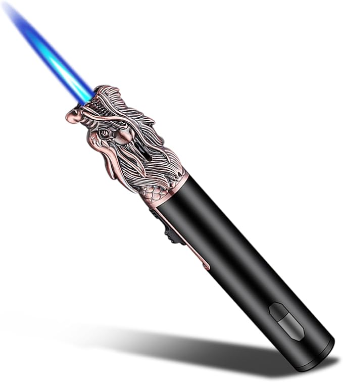 Torch Lighter - Refillable Butane Lighter with Adjustable Flame, Windproof Jet Flame, Transparent Gas Window - Long Lighter for Candles, Kitchen, Outdoor Use (Gas Not Included)-Red Copper