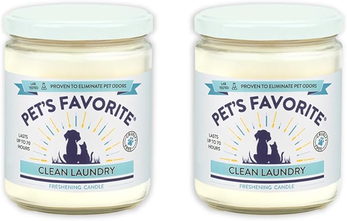 Pet's Favorite Fresh Laundry Pet Odor Candle, Clean Burning, Long Lasting Plant Based Soy Candles with a Natural Fiber Wick and 70 Hour Burn Time, Pack of 2